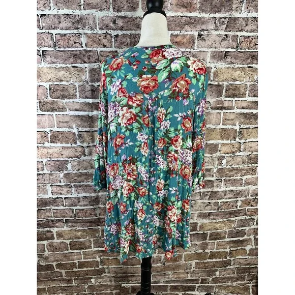 Umgee USA Womens Tunic Top Teal Floral 3/4 Sleeve Keyhole Neckline Size L‎ - Picture 3 of 9